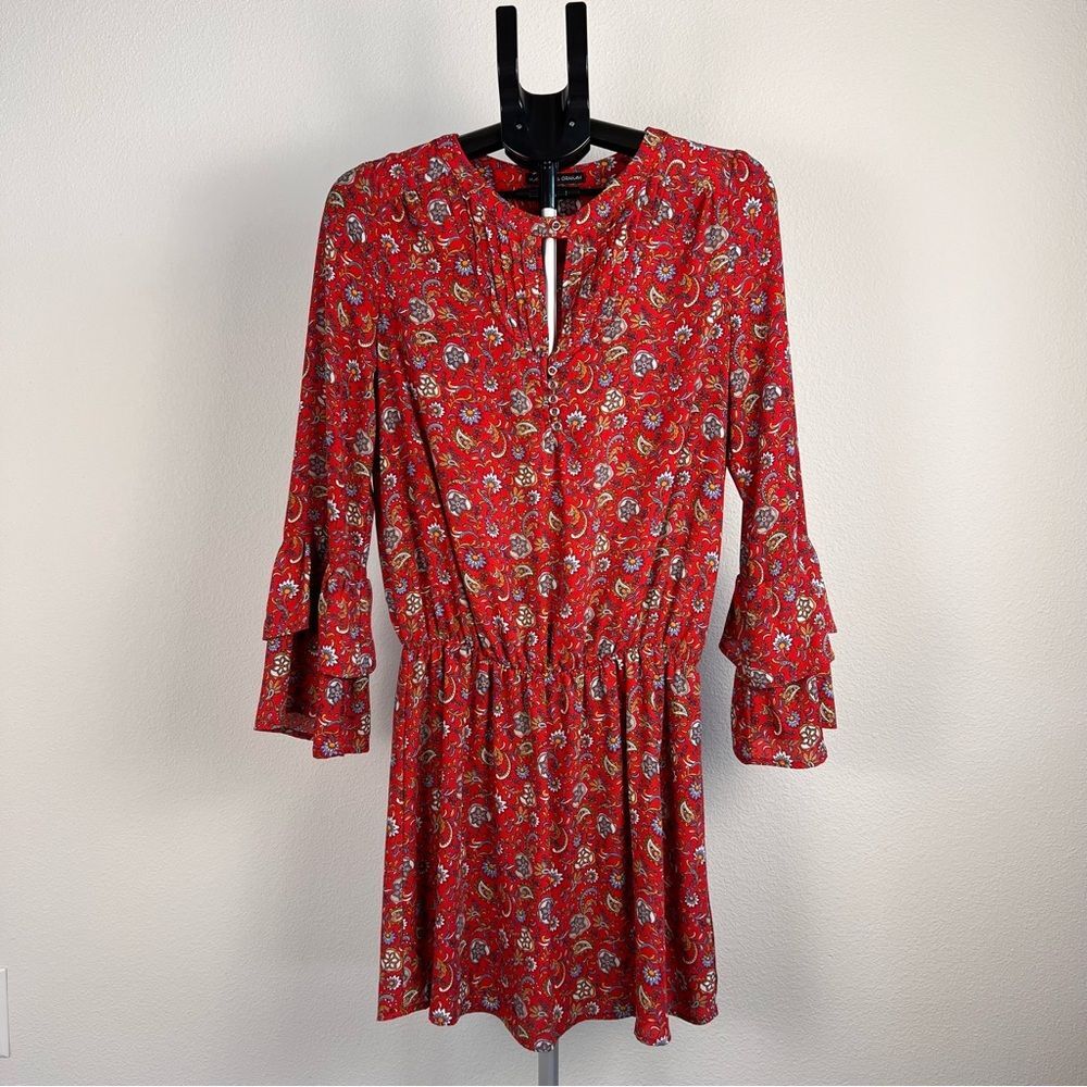 Harlowe & Graham Boho Red Paisley Bell Long Sleeve Mini Dress Small